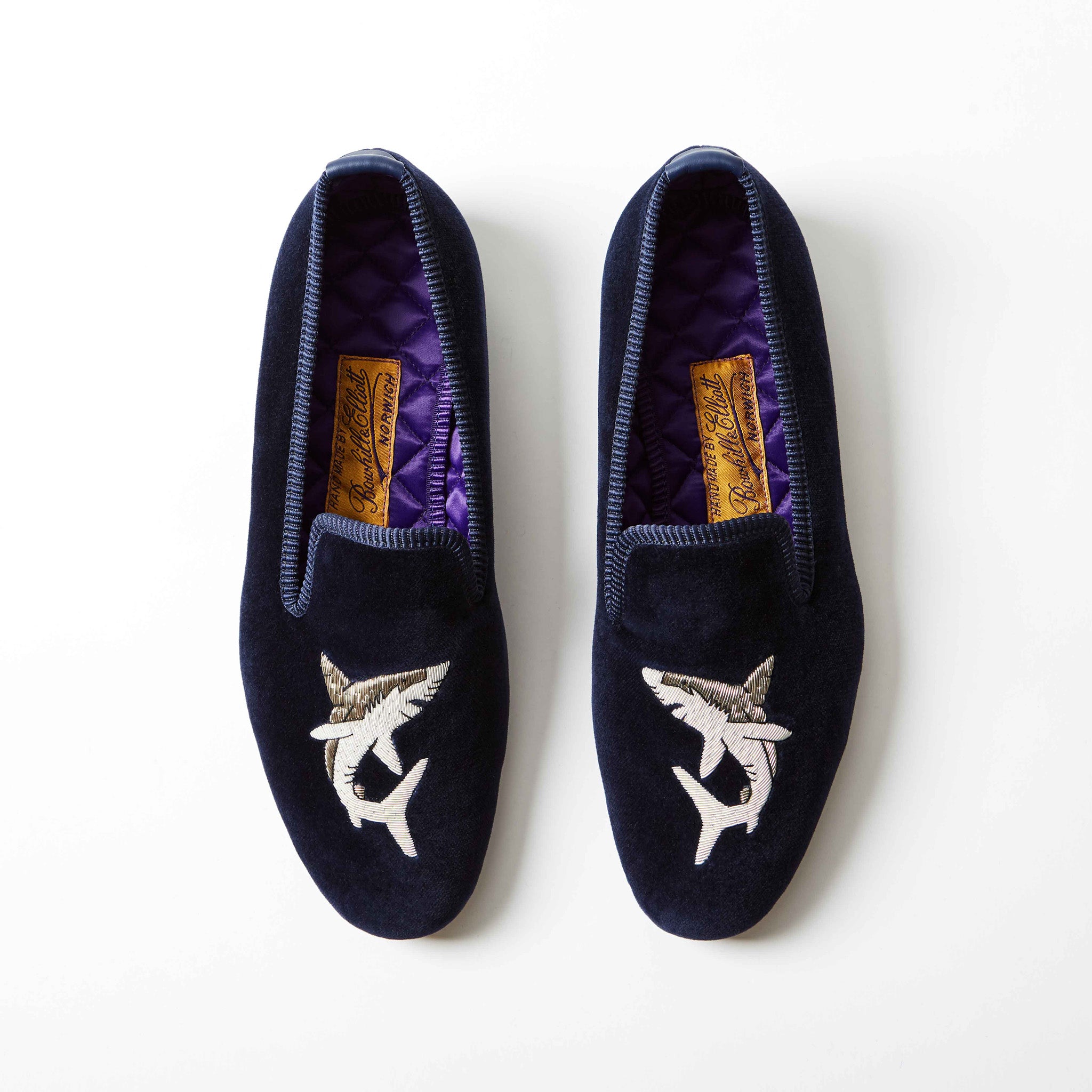 Navy Velvet Albert Slipper with Embroidered Shark, top view