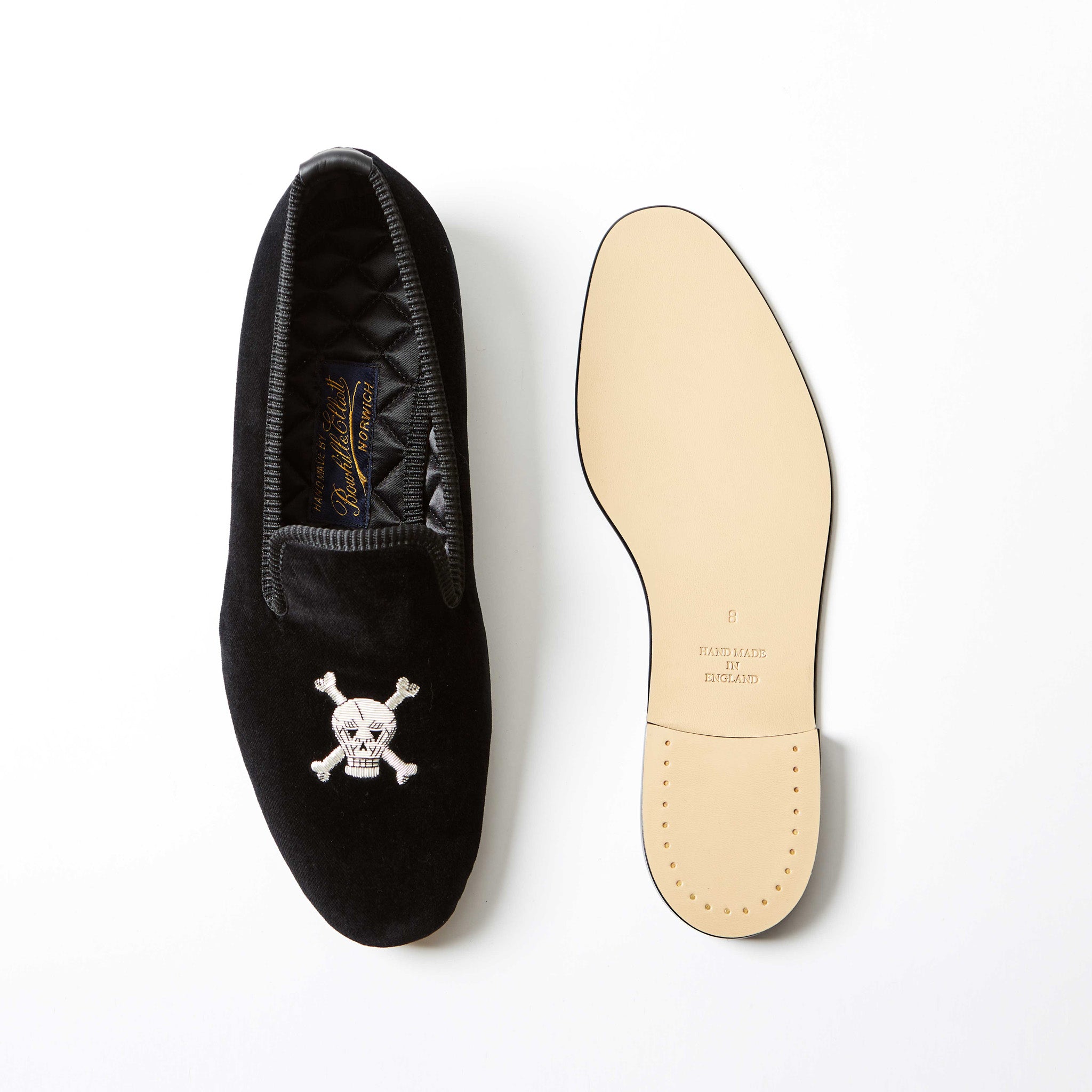 Black Velvet Albert Slipper with Embroidered Skull & Crossbones, leather sole view