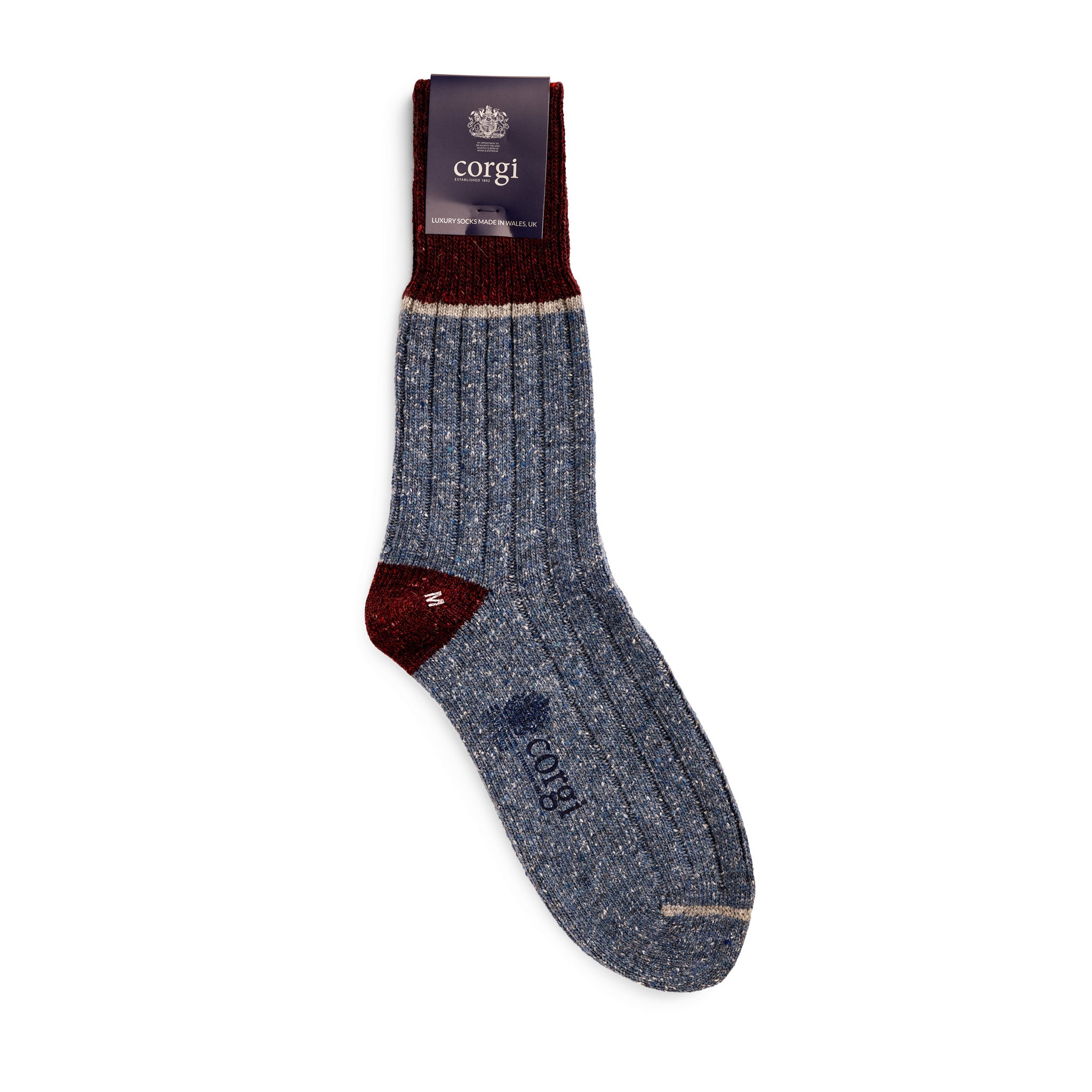 Corgi Heavyweight Colour Block Donegal Socks in Denim & Port
