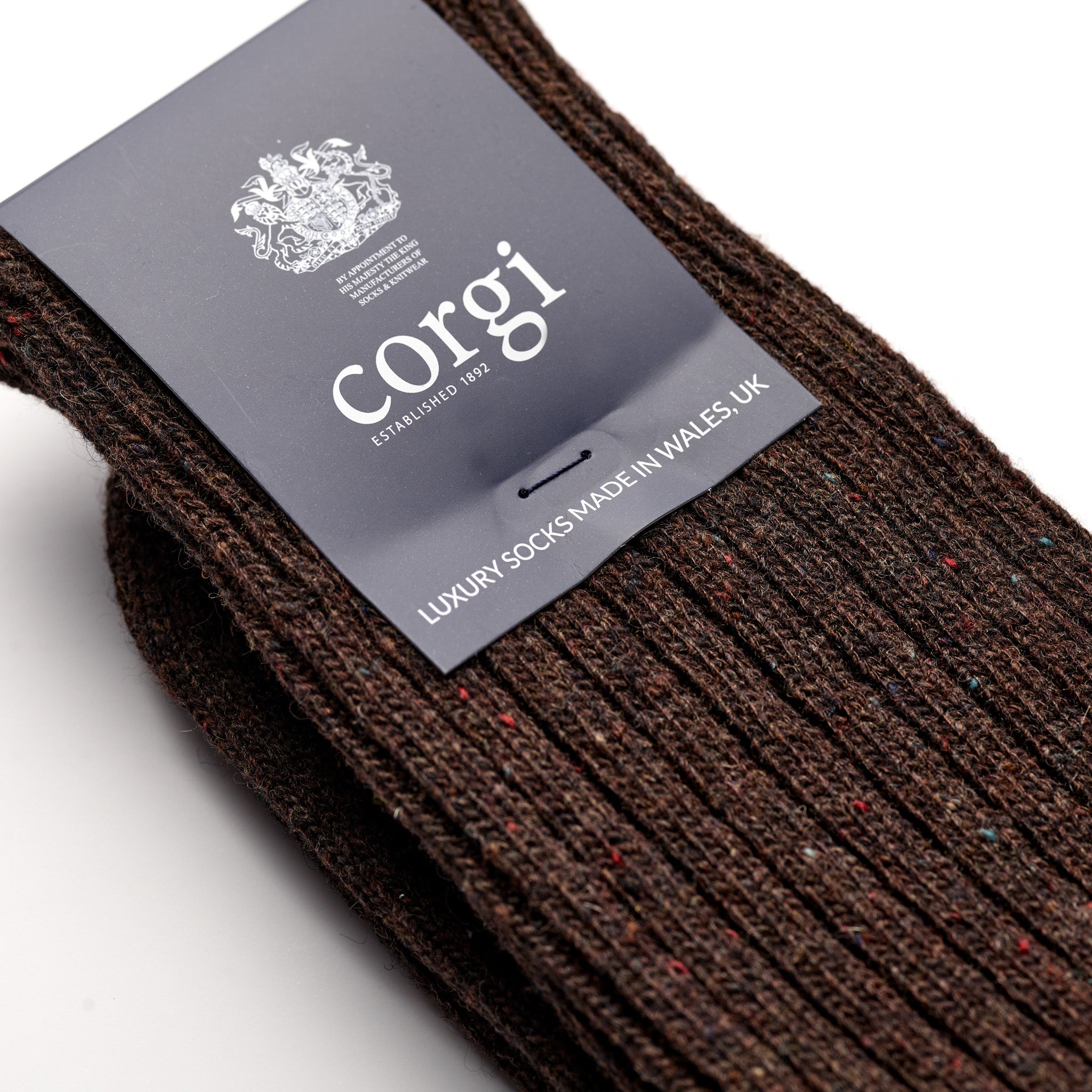 Corgi Heavyweight Plain Donegal Socks in Chocolate label close-up