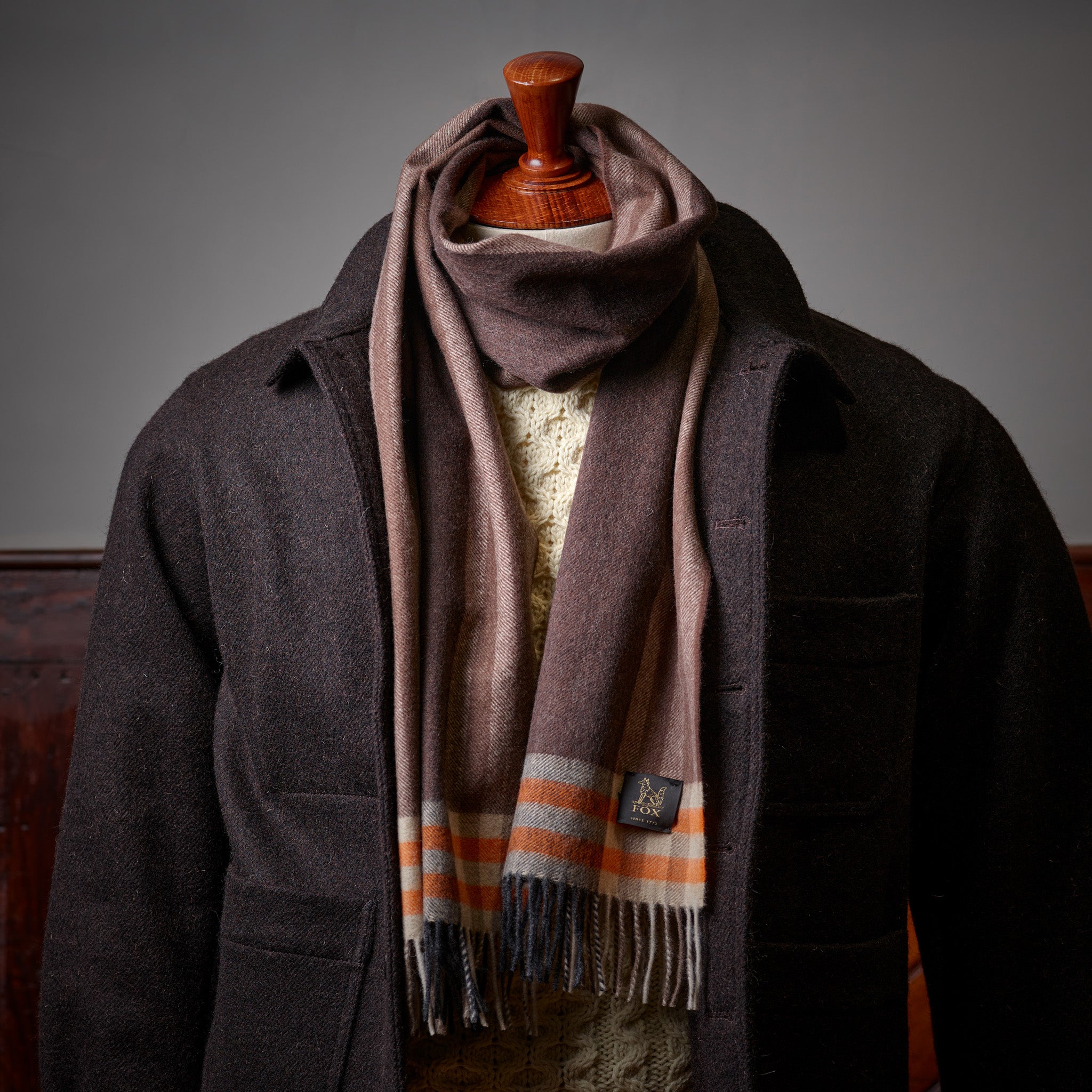 Fox Brown and Orange Cashmere & Wool Check Scarf styled with a Havanna Brown Tours Jacket