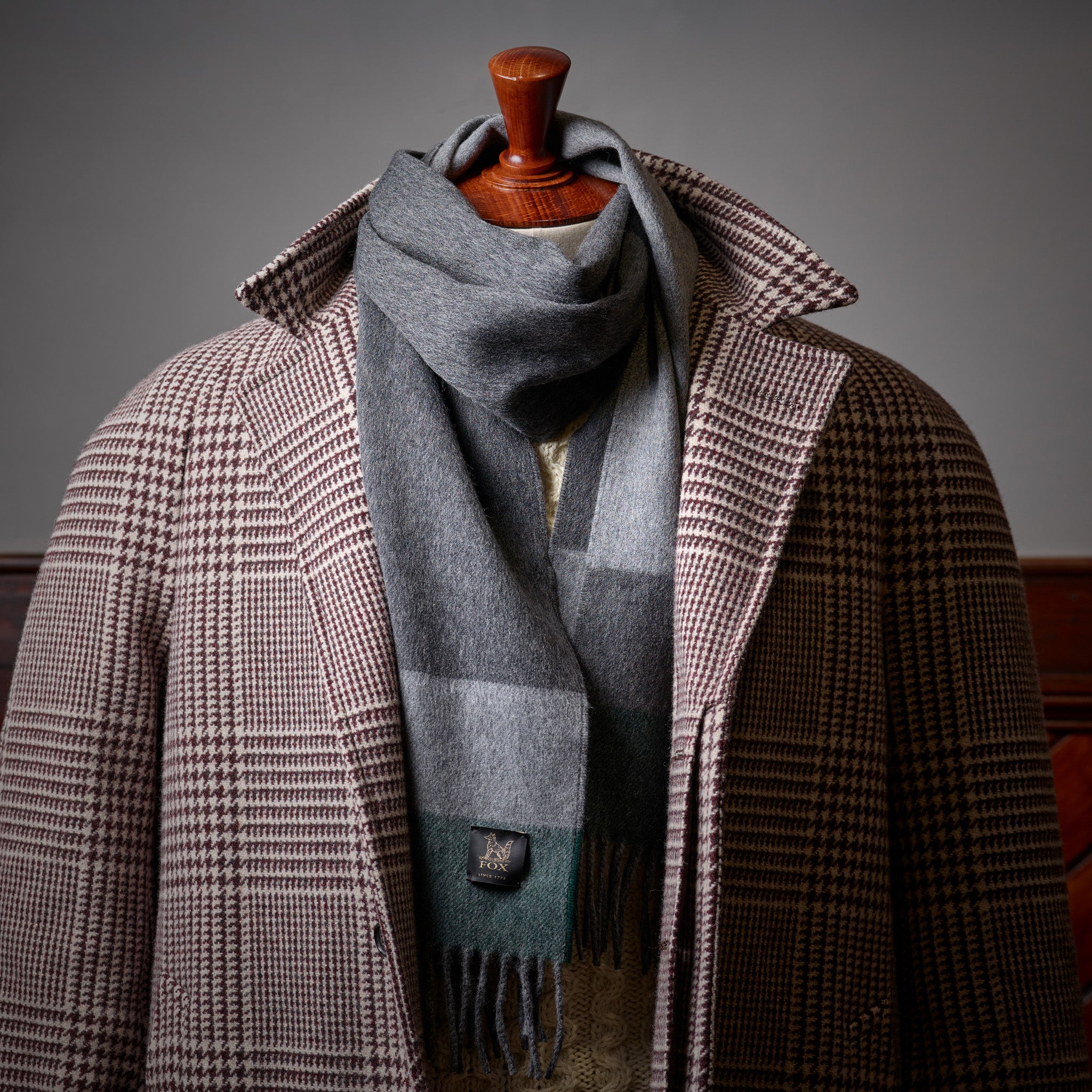 Fox grey and green cashmere and wool brushed scarf styled with a Fox Brothers overcoat
