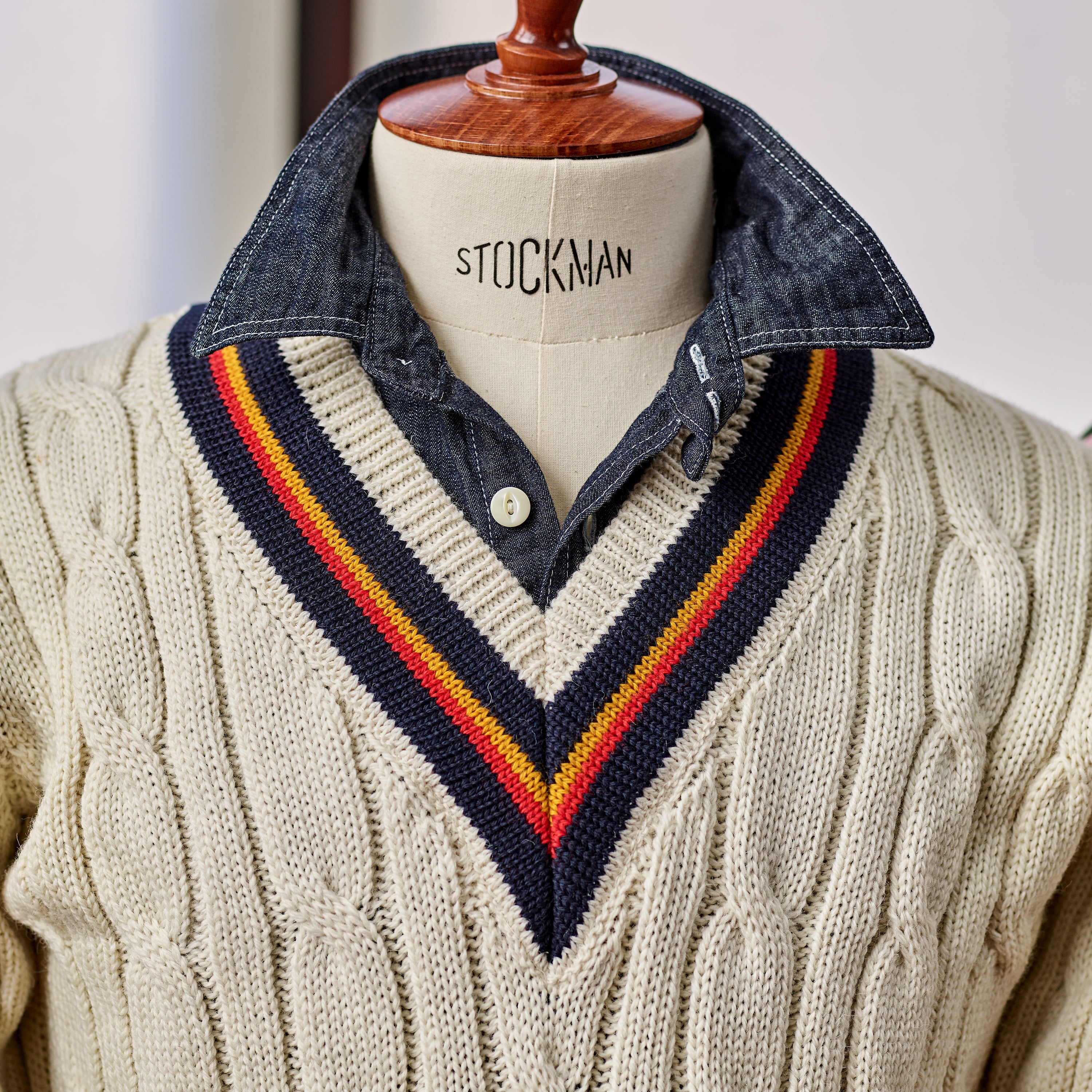 Fox Cricket Club Ecru Sweater with Navy, Sun Yellow & Red Stripes
