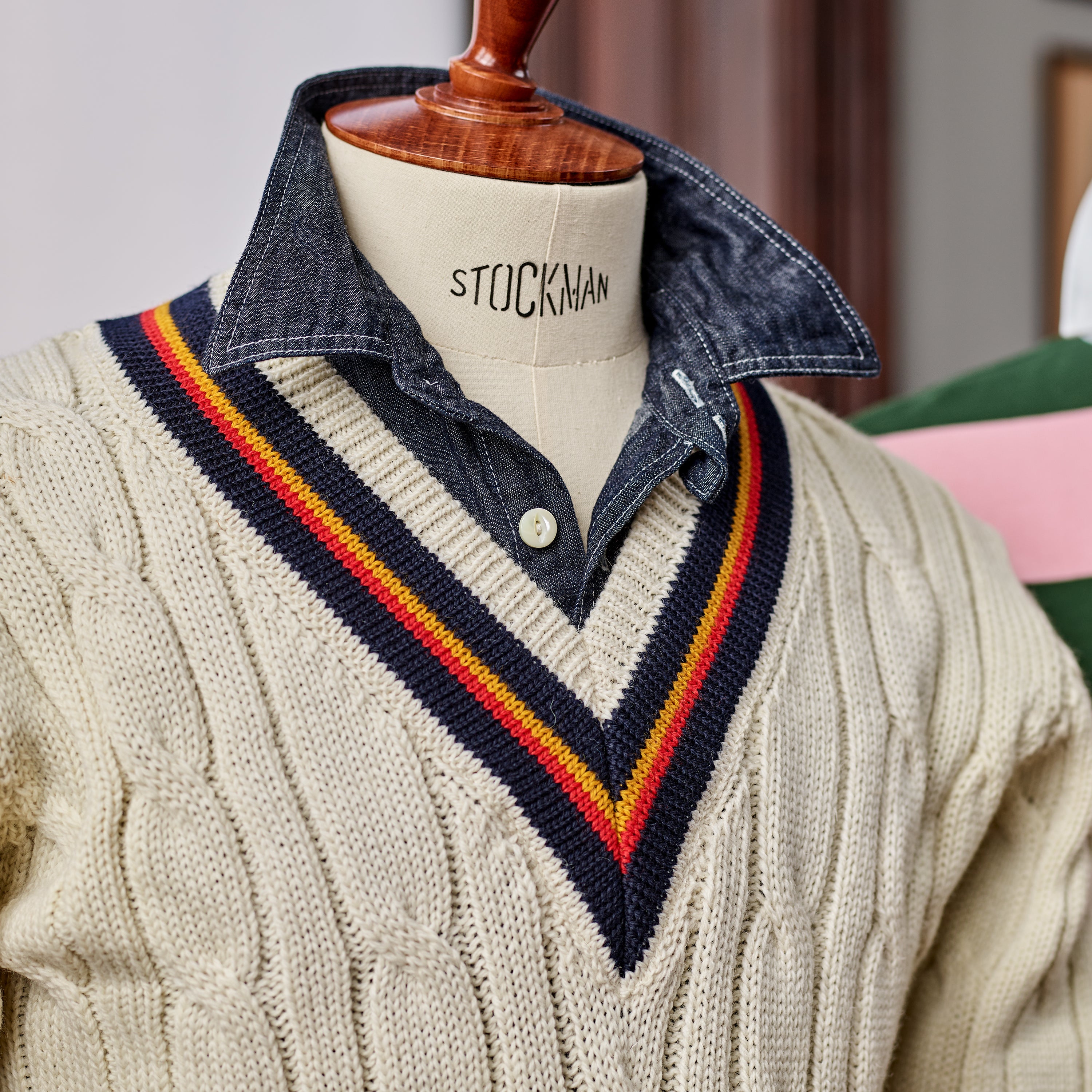 Fox Cricket Club Ecru Sweater with Navy, Sun Yellow & Red Stripes
