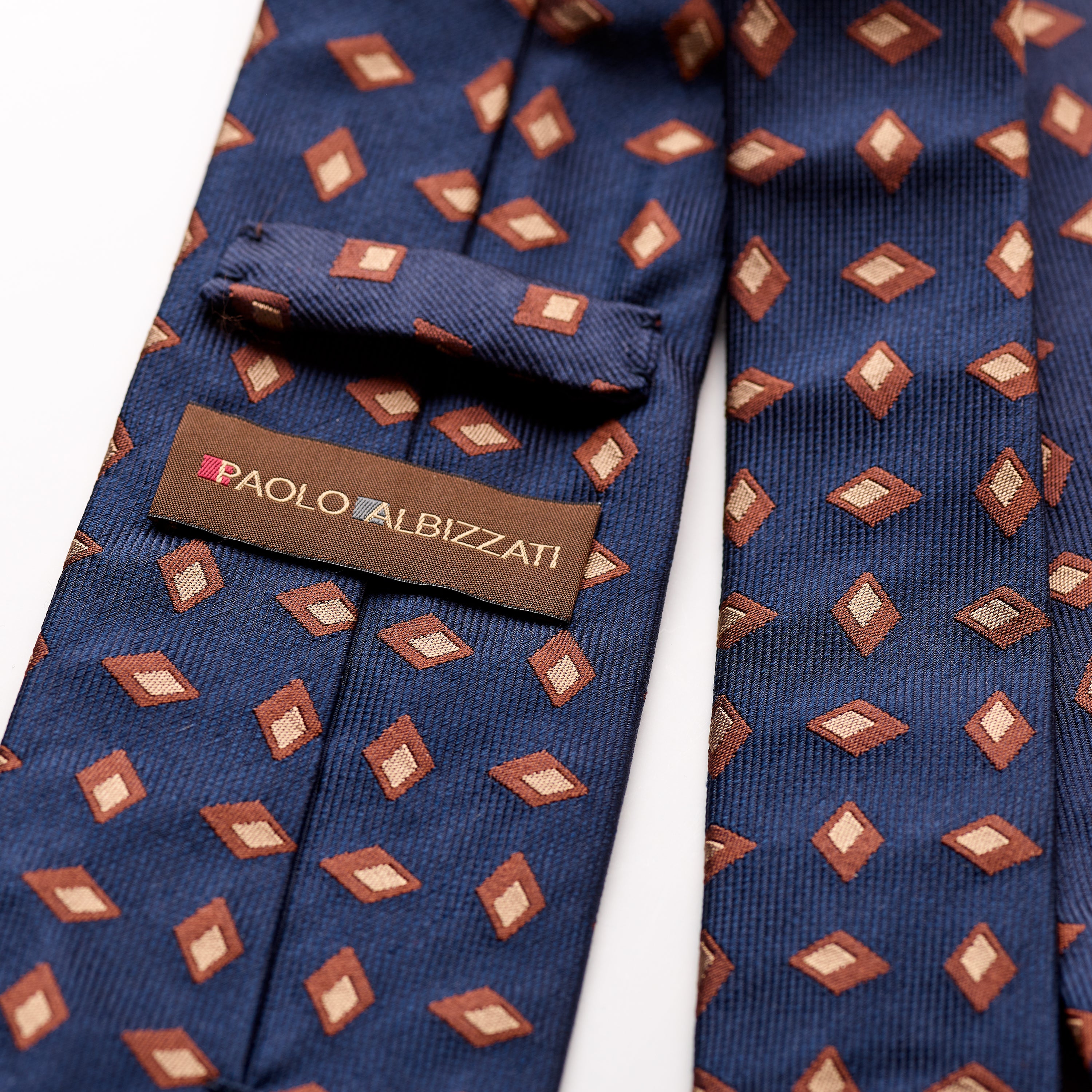 Paolo Albizzati 3 Fold Dark Navy with Large Chestnut Foulard Woven Silk Tie