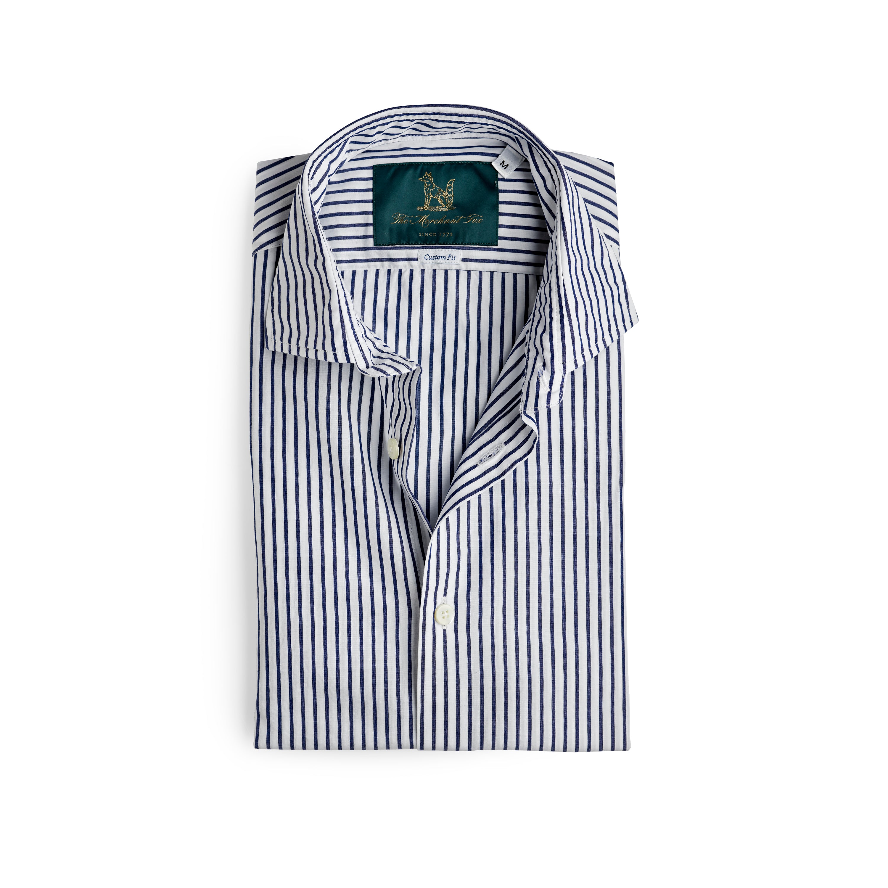 Spread Collar Cotton Shirt in White & Indigo Stripes
