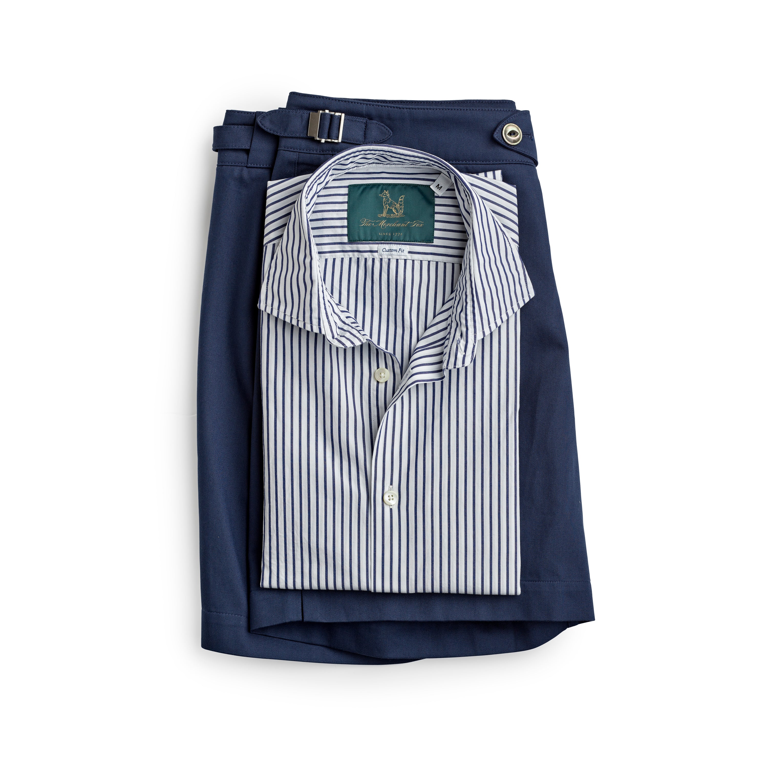 Spread Collar Cotton Shirt in White & Indigo Stripes