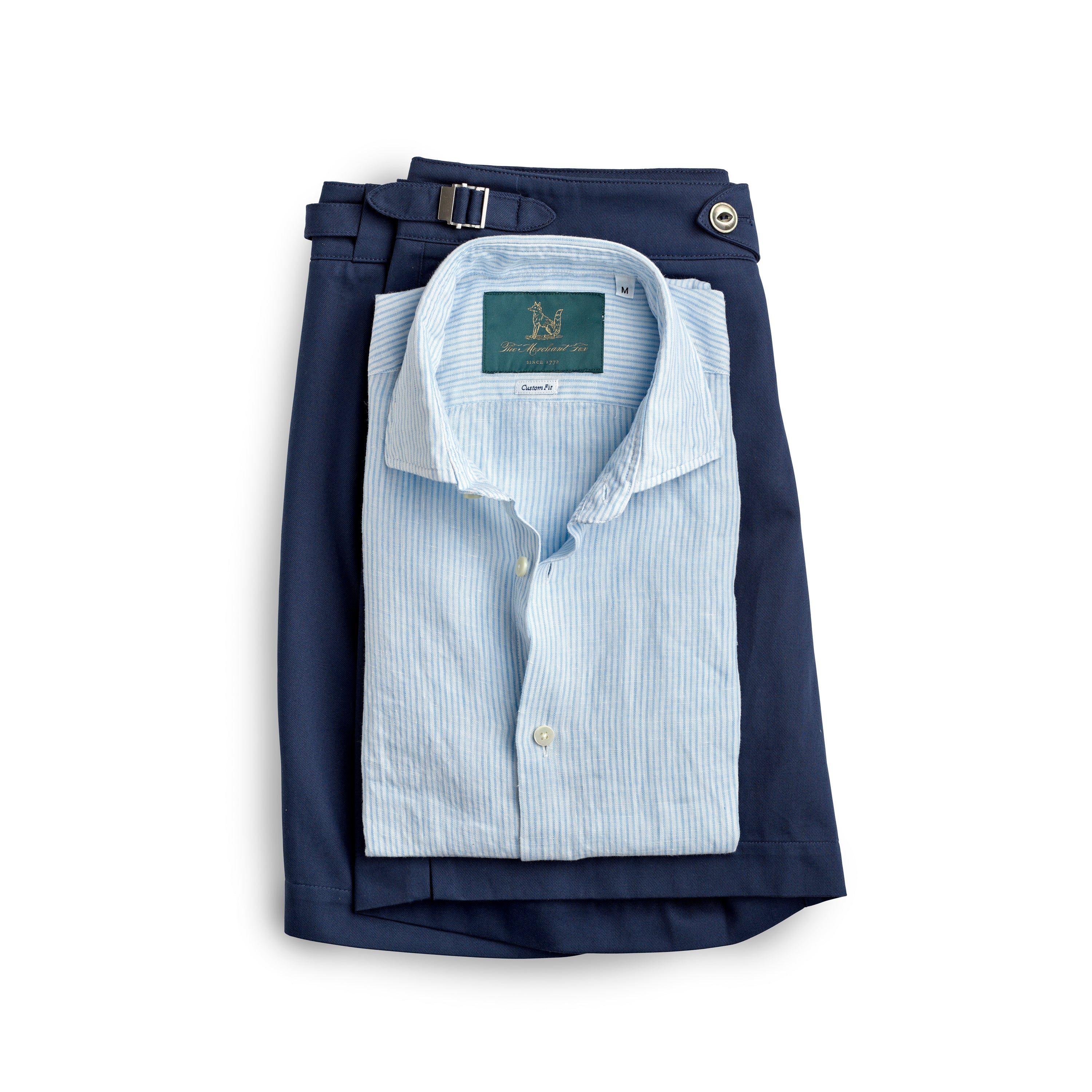 Spread Collar Linen Shirt in White & Light Blue Stripes