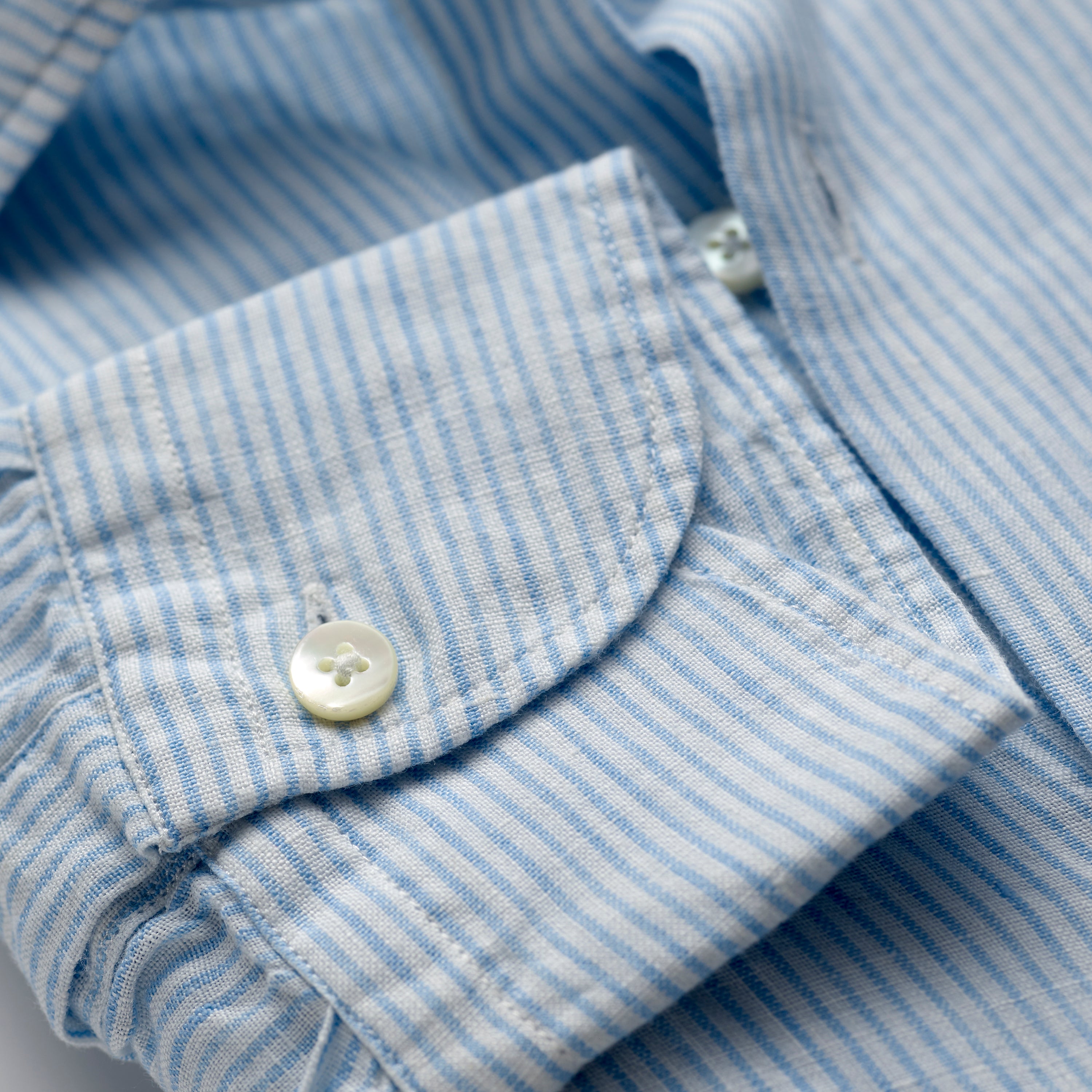 Spread Collar Linen Shirt in White & Light Blue Stripes
