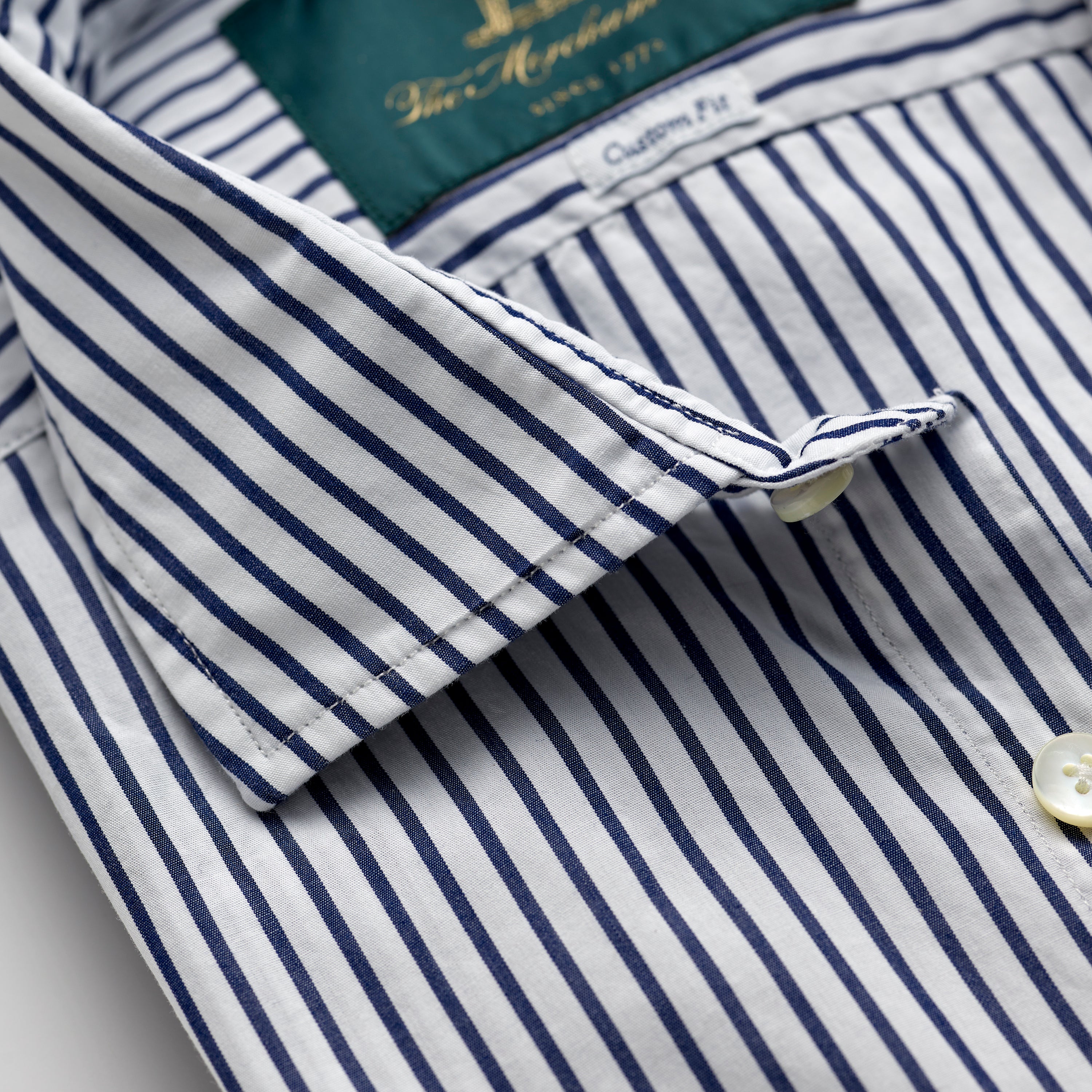 Spread Collar Cotton Shirt in White & Indigo Stripes
