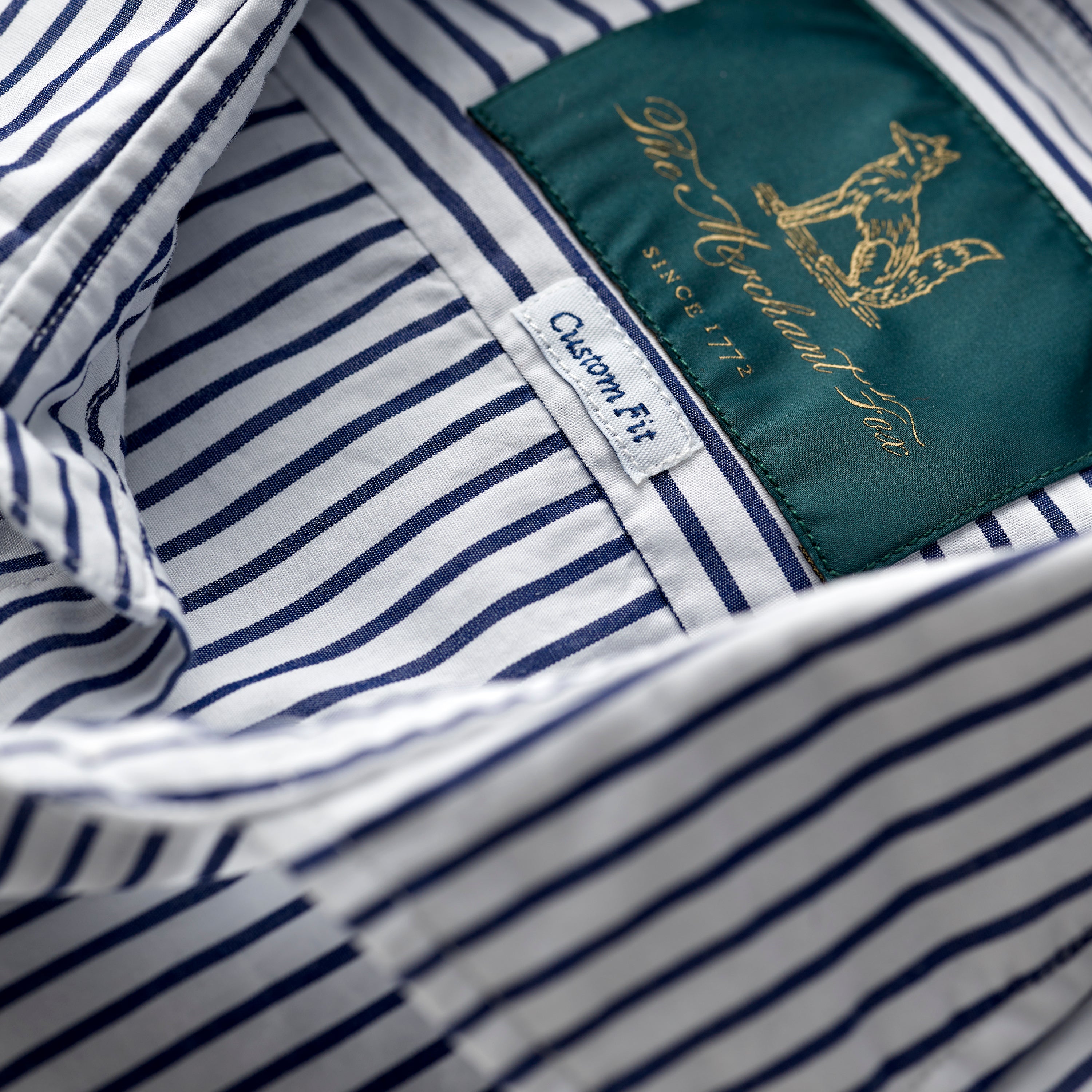 Spread Collar Cotton Shirt in White & Indigo Stripes