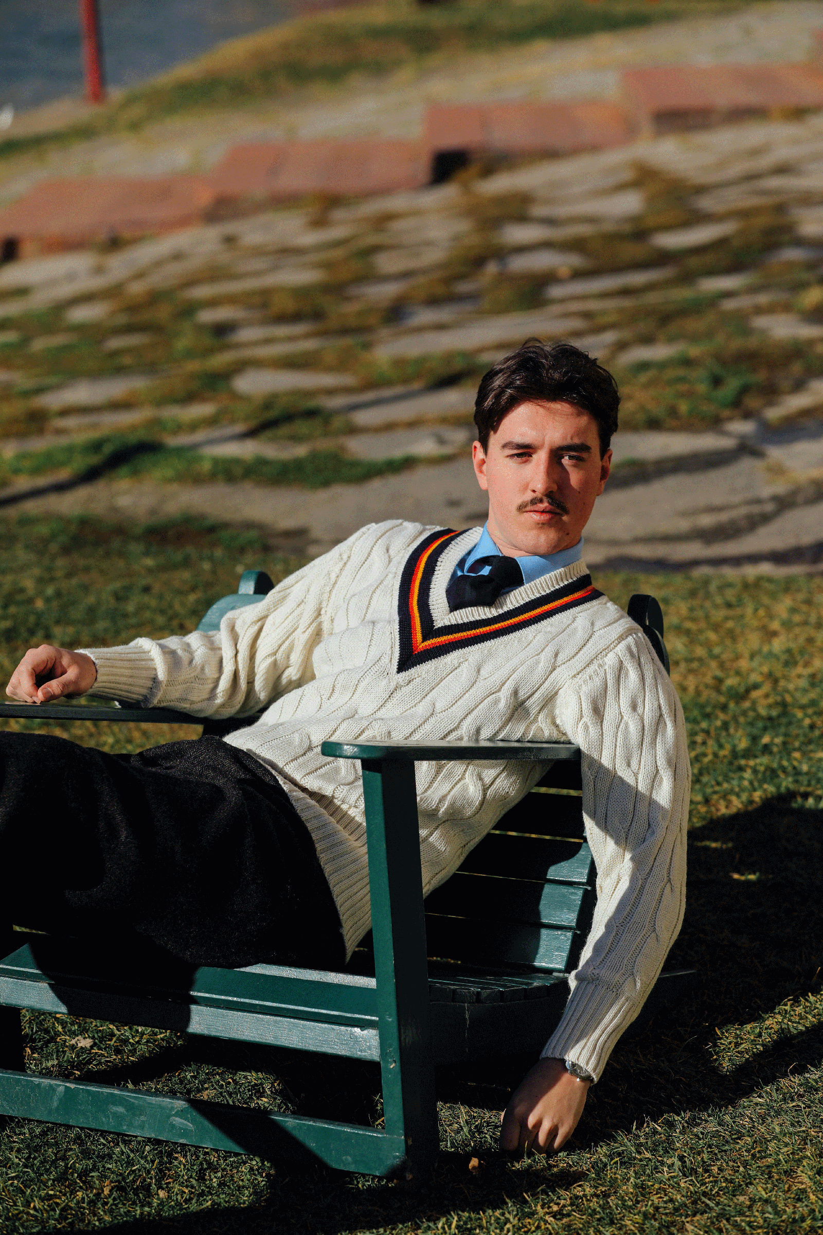 Fox Cricket Club Ecru Sweater with Navy, Sun Yellow & Red Stripes