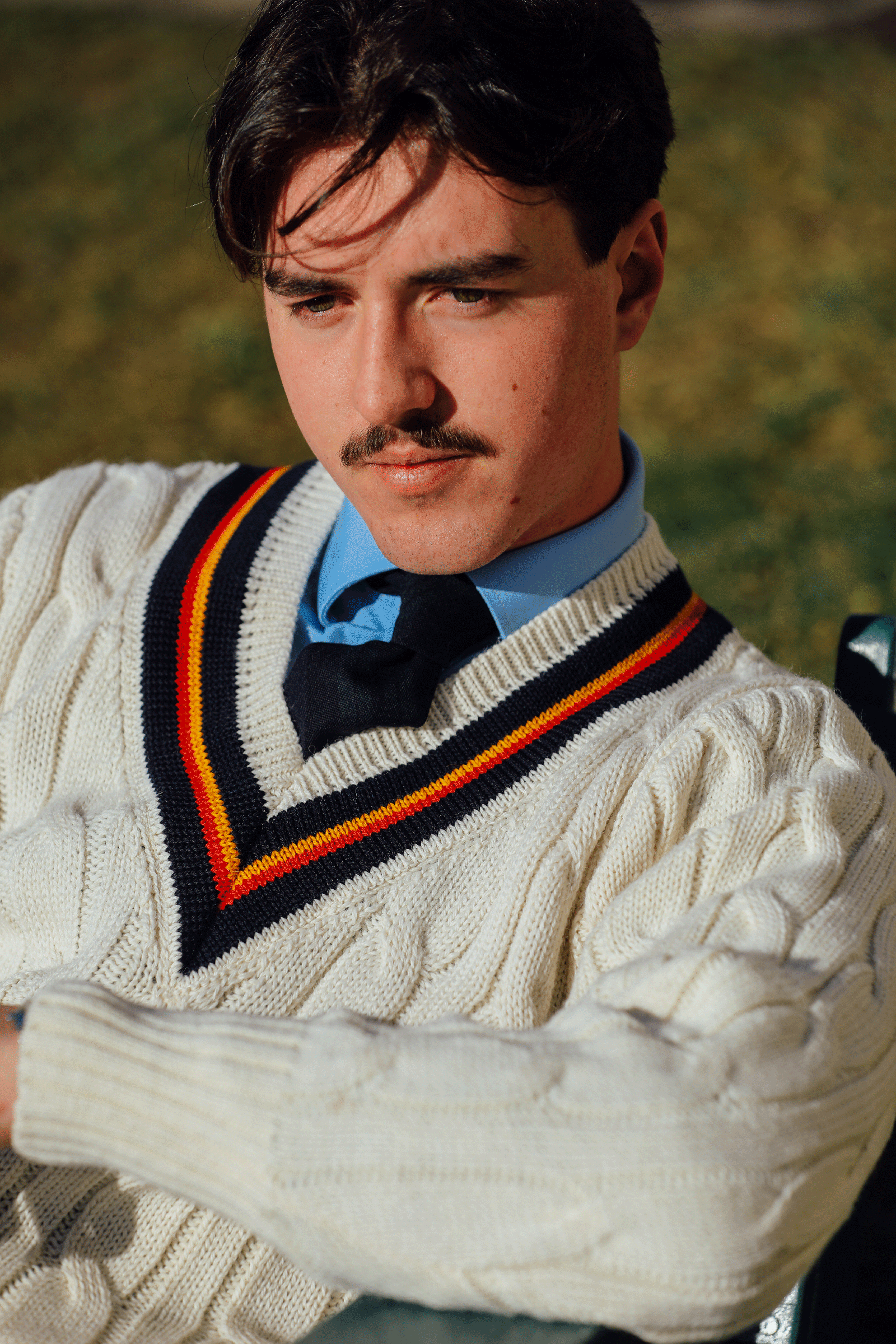 Fox Cricket Club Ecru Sweater with Navy, Sun Yellow & Red Stripes