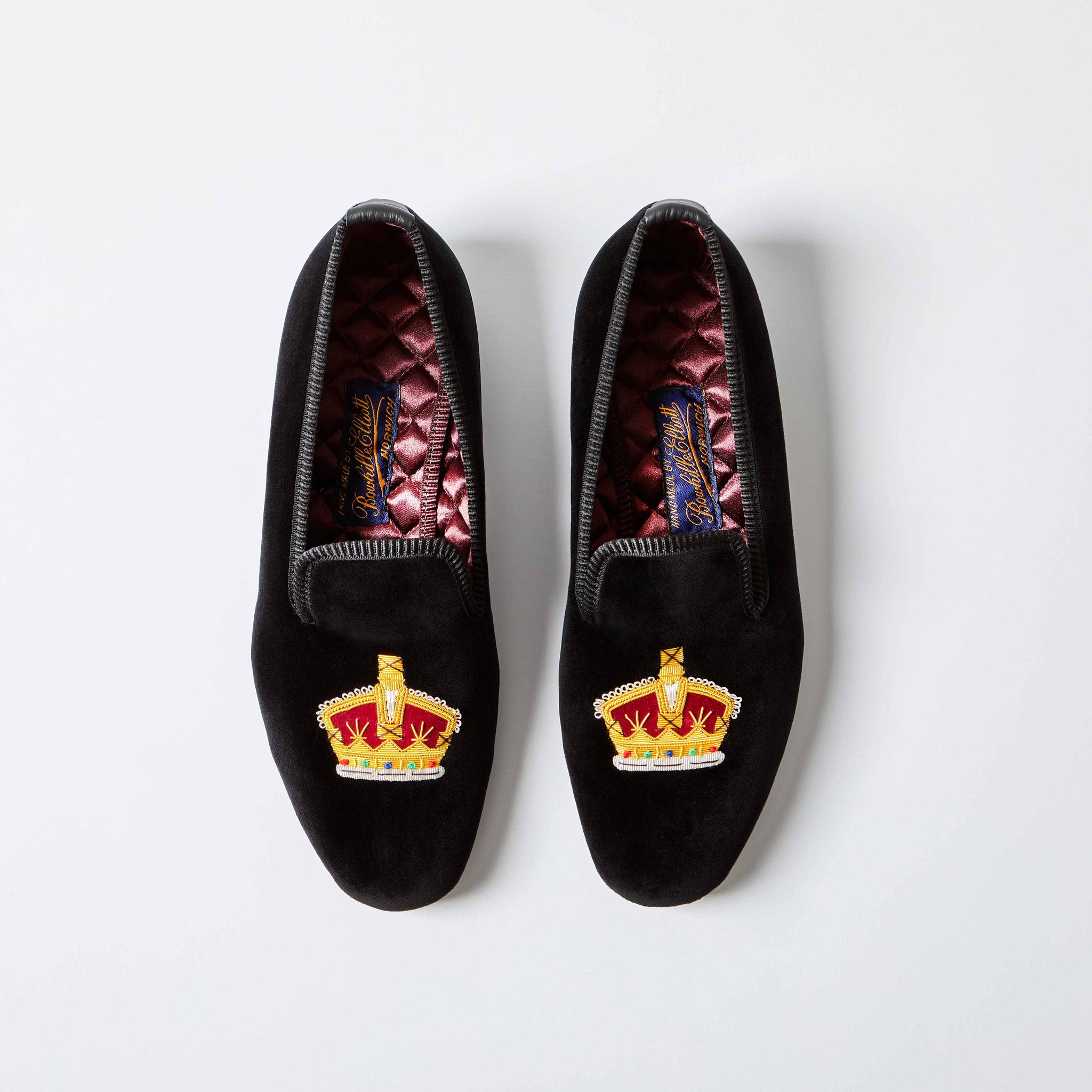 Black Velvet Albert Slipper with Embroidered Gold Crown, top view