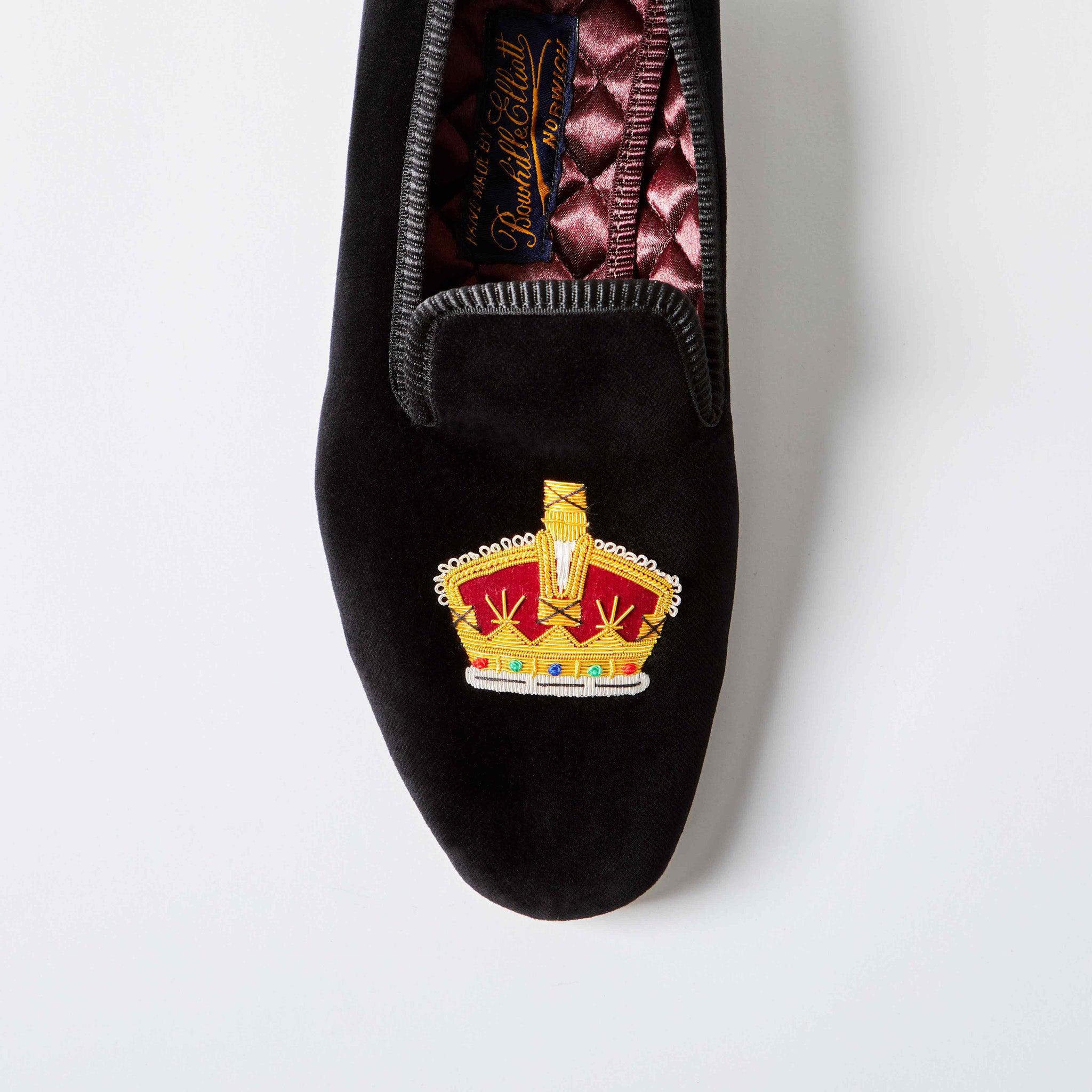 Black Velvet Albert Slipper with Embroidered Gold Crown, embroidery detail on vamp
