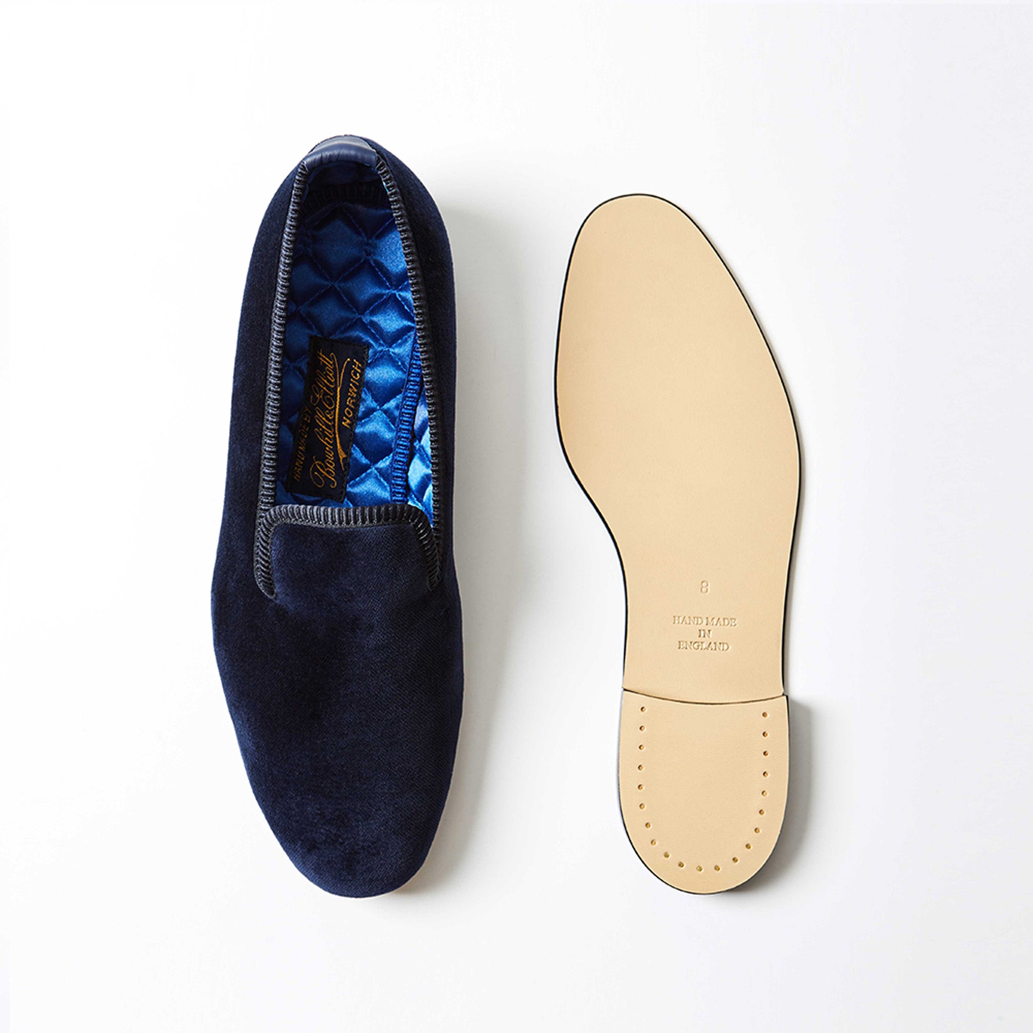 Navy Velvet Plain Albert Slipper, leather sole view