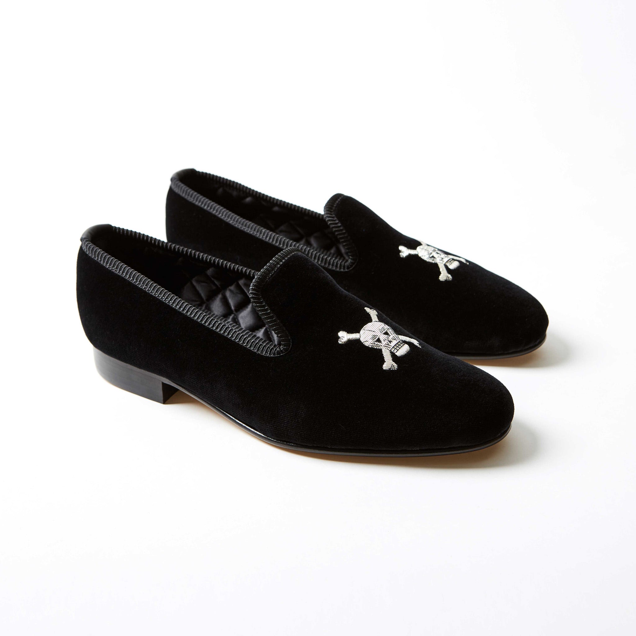 Black Velvet Albert Slipper with Embroidered Skull & Crossbones, side view