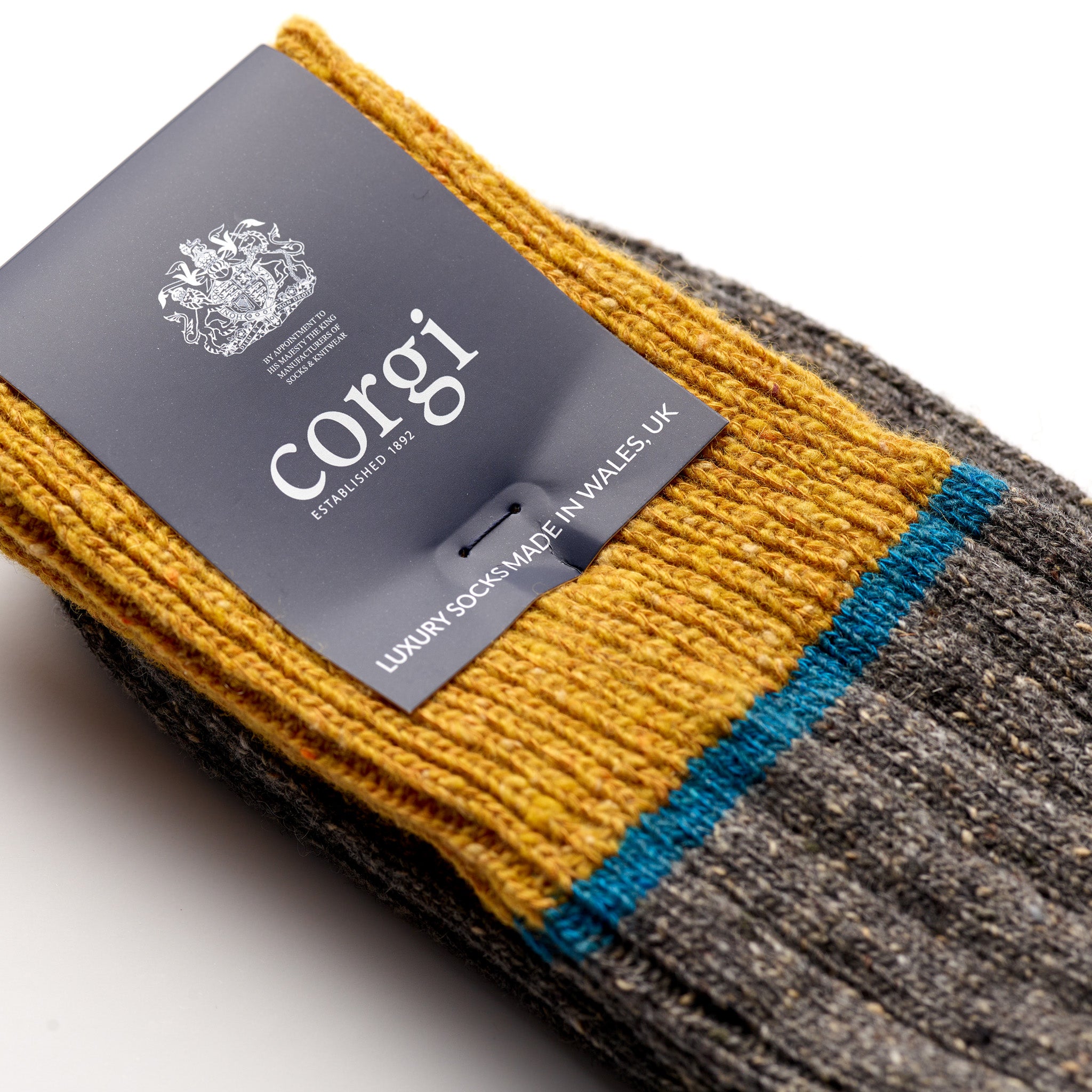 Corgi Heavyweight Colour Block Donegal Socks in Grey & Gold label close-up