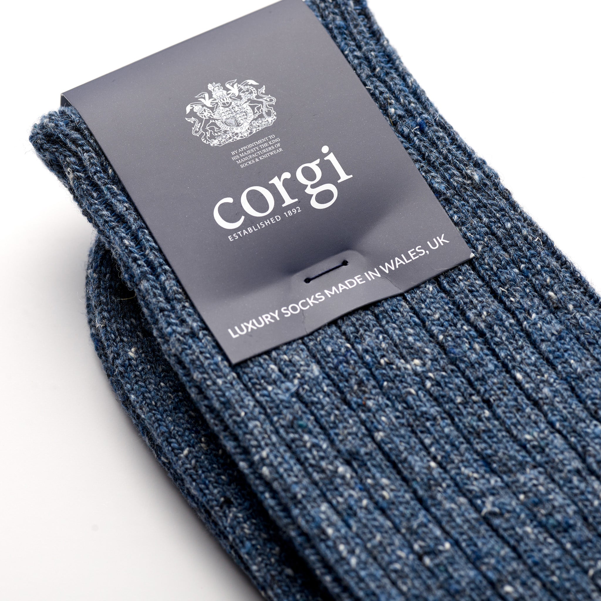 Corgi Heavyweight Plain Donegal Socks in Denim label close-up