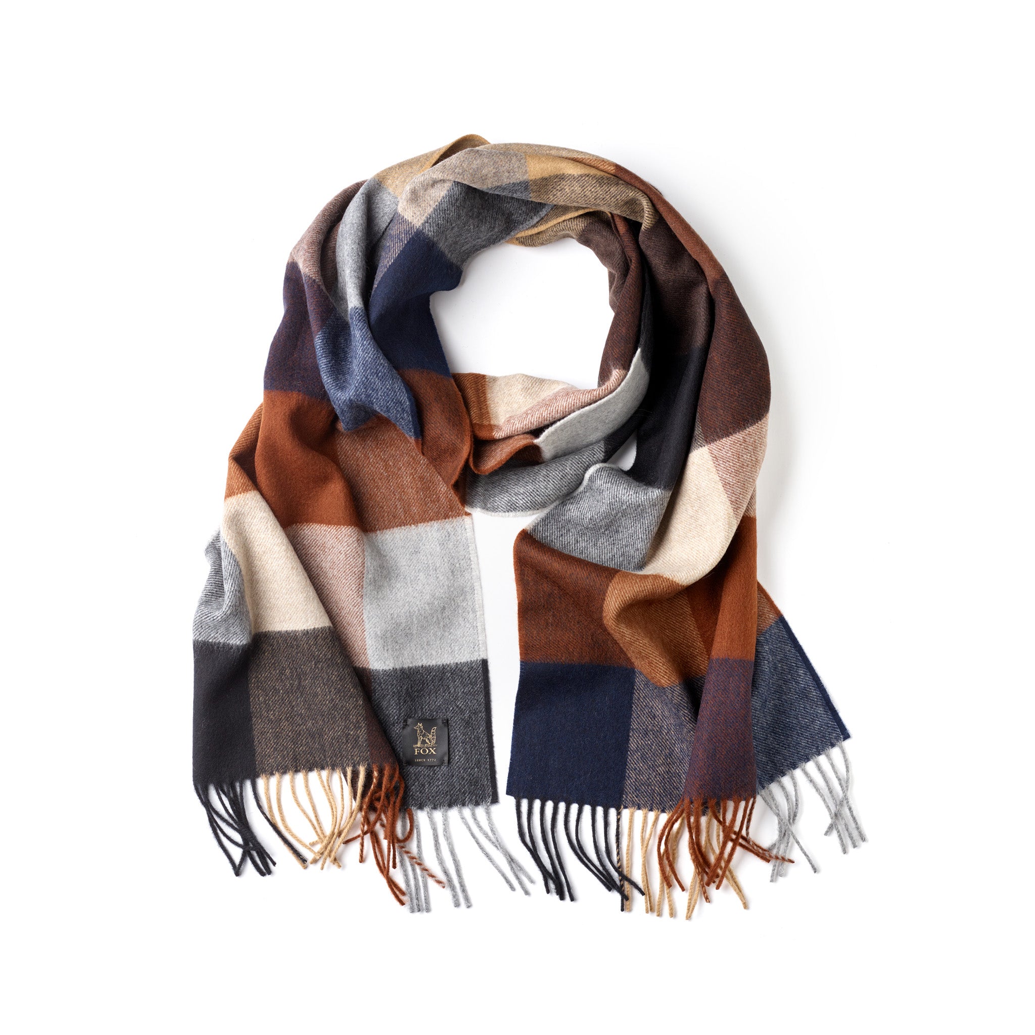 Fox Brown and Navy Cashmere & Wool Check Scarf draped on a white background