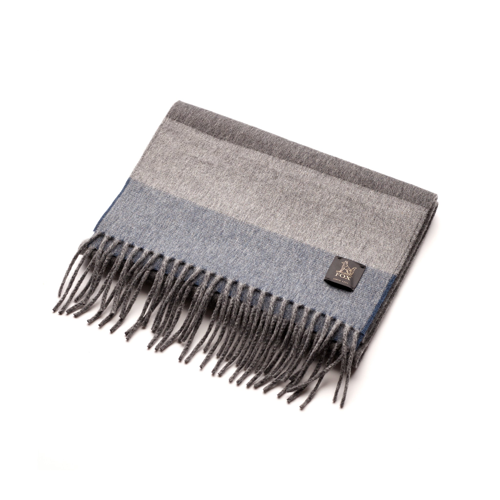 Folded Fox grey and blue cashmere and wool brushed scarf