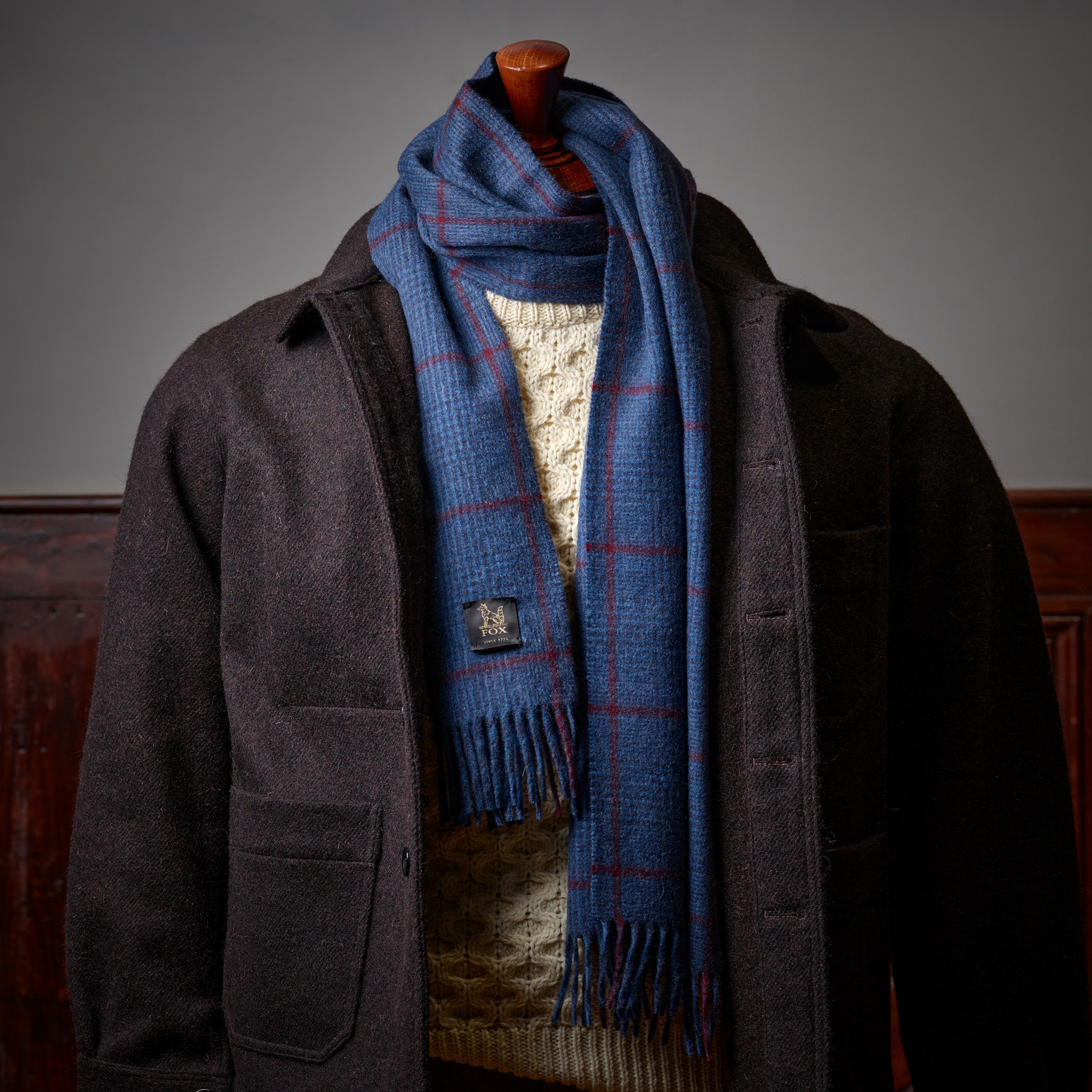 Fox navy heather and crimson cashmere scarf styled with a Havanna Brown Tours Jacket