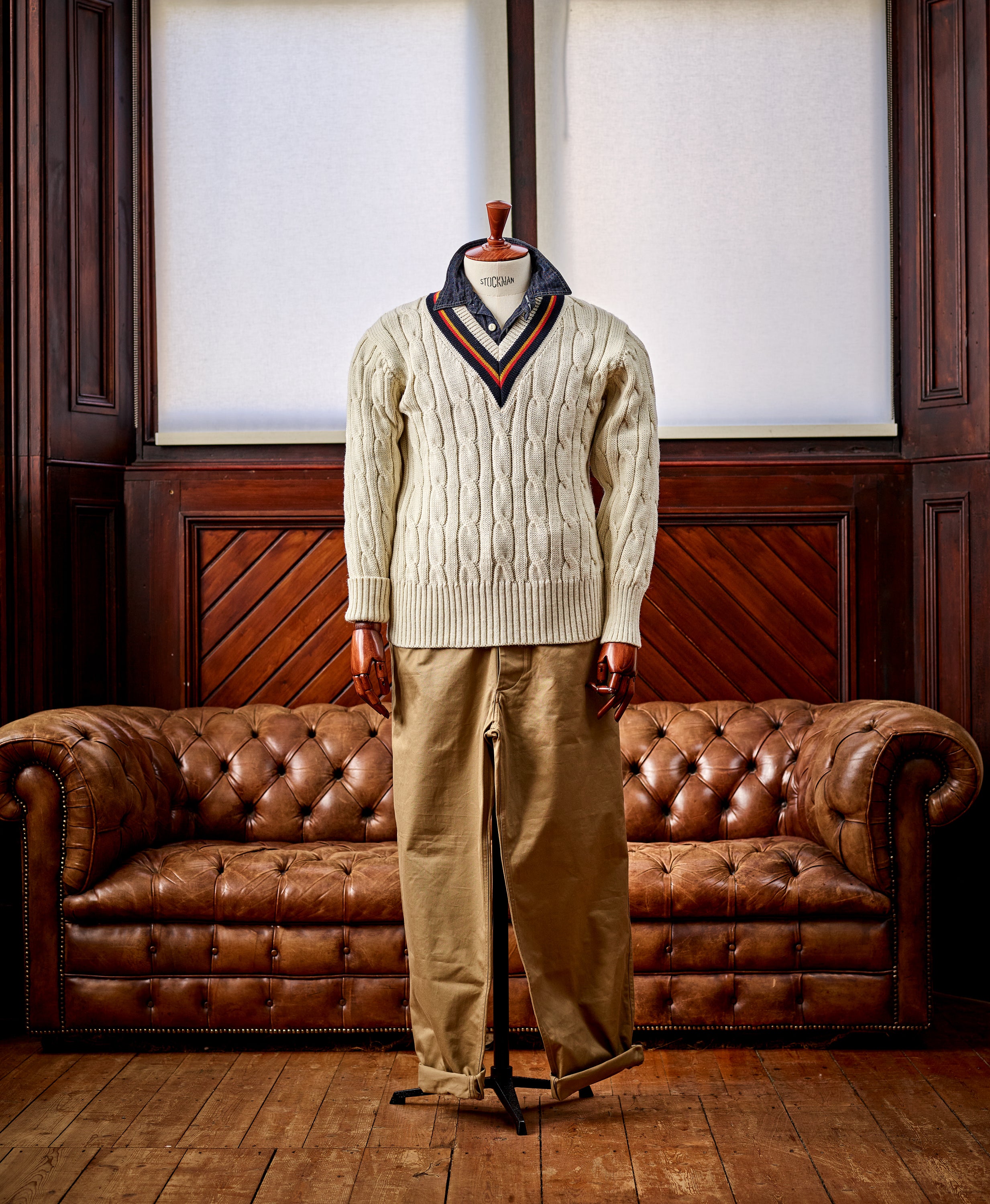 Fox Cricket Club Ecru Sweater with Navy, Sun Yellow & Red Stripes