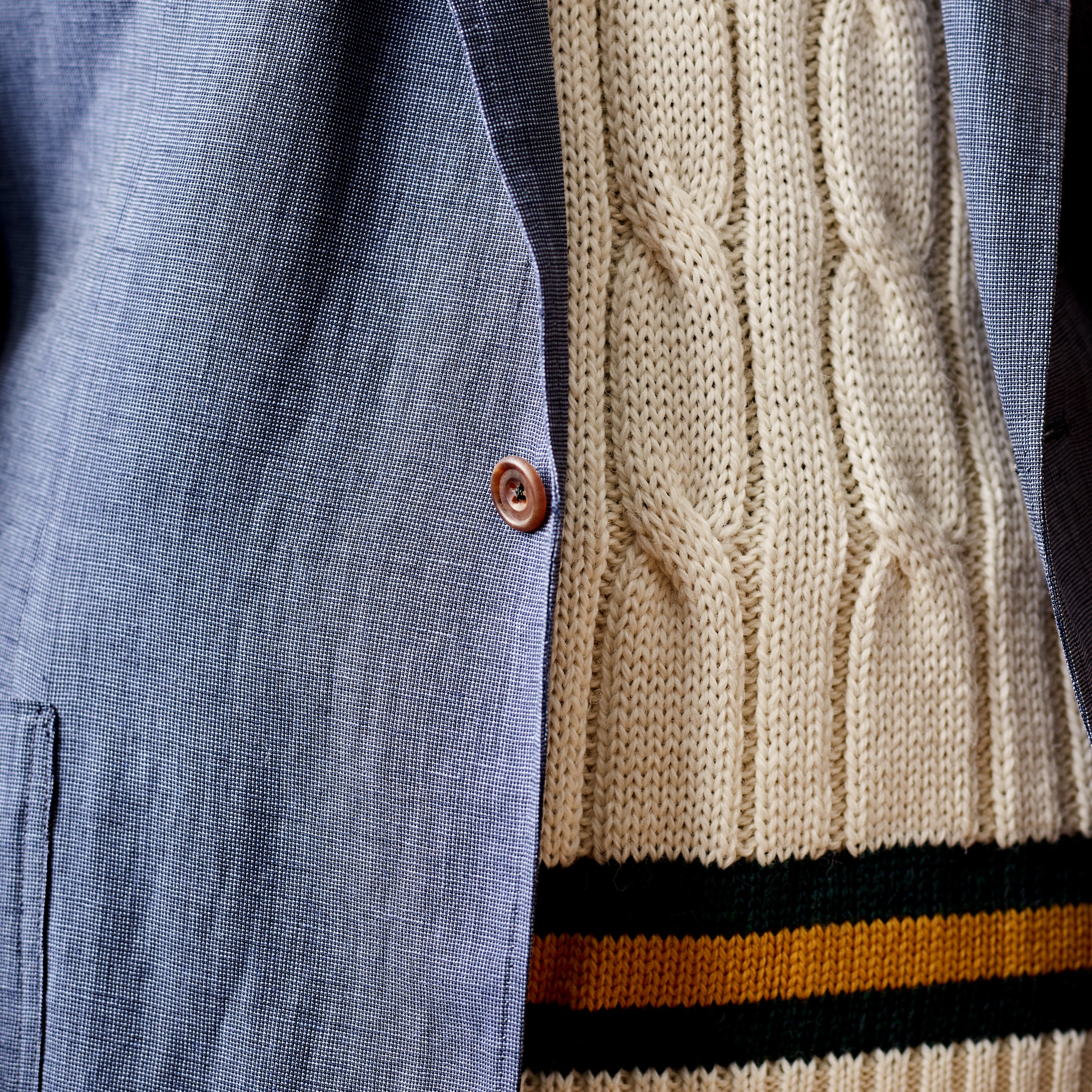 Fox Cricket Club Ecru Sweater with Green & Gold Stripes