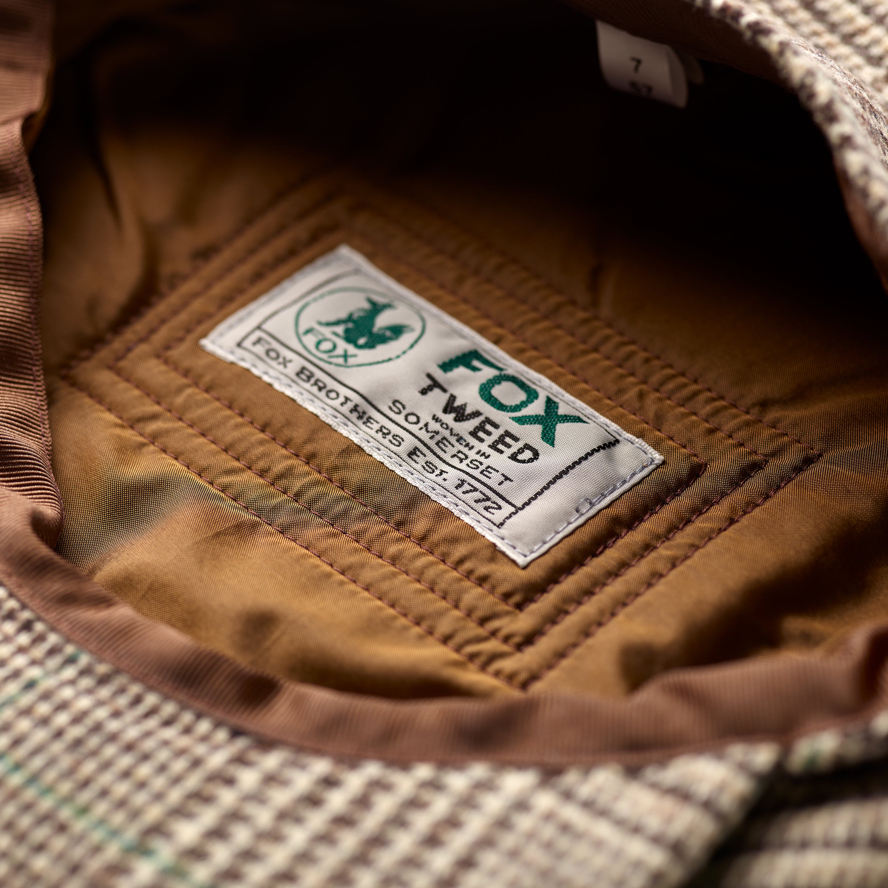 Fox Tweed Cap With Snap Brim In Taupe Prince of Wales with Racing Green Liner