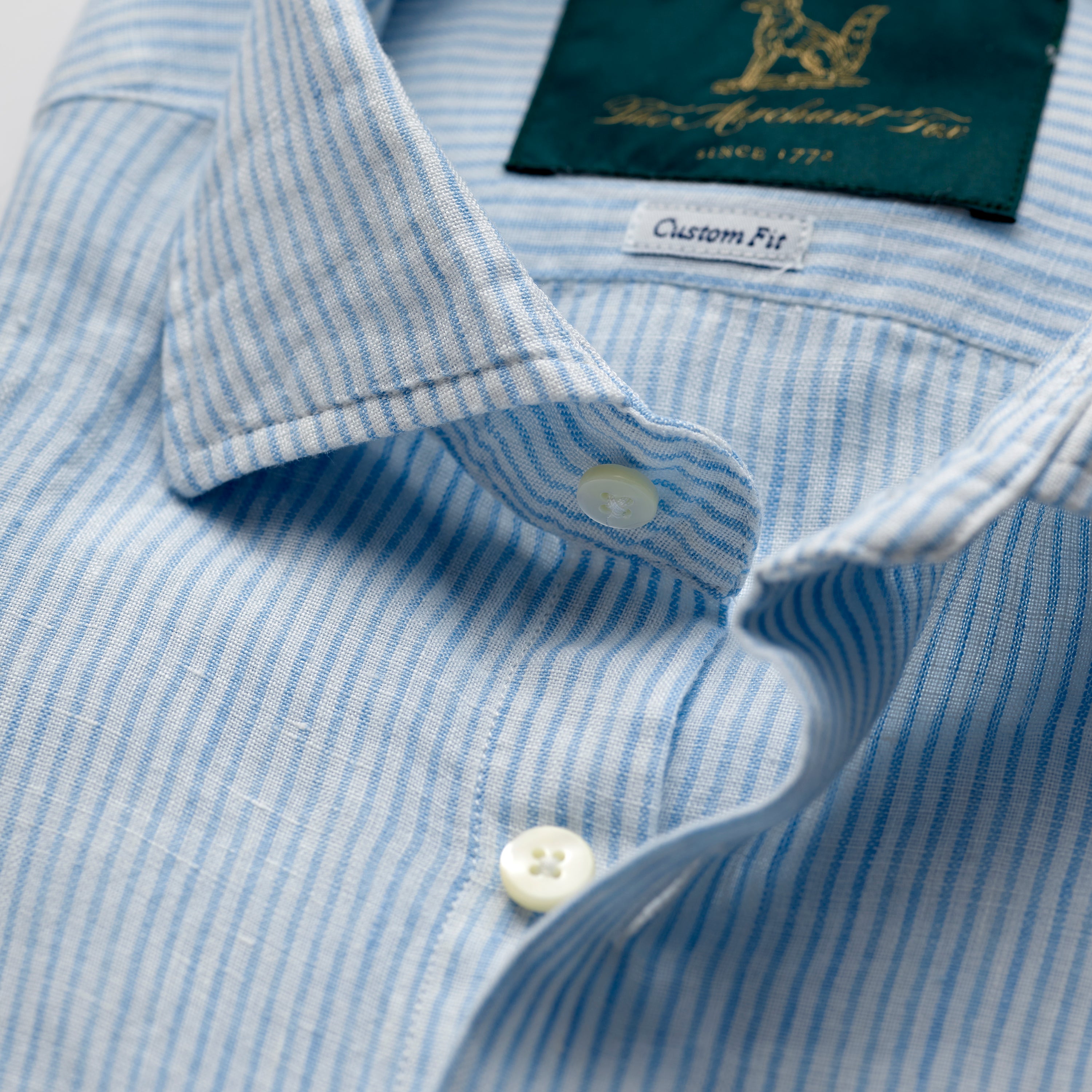 Spread Collar Linen Shirt in White & Light Blue Stripes